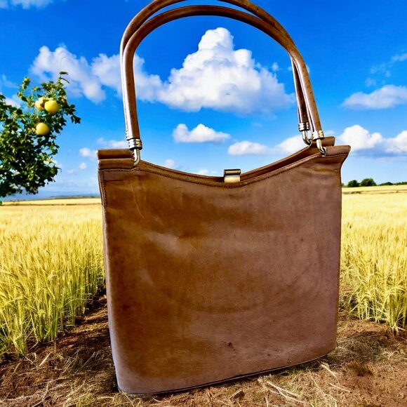 Vintage 60's Tan Brown Leather Handbag Purse with Covered Metal Handles - Picture 2 of 14